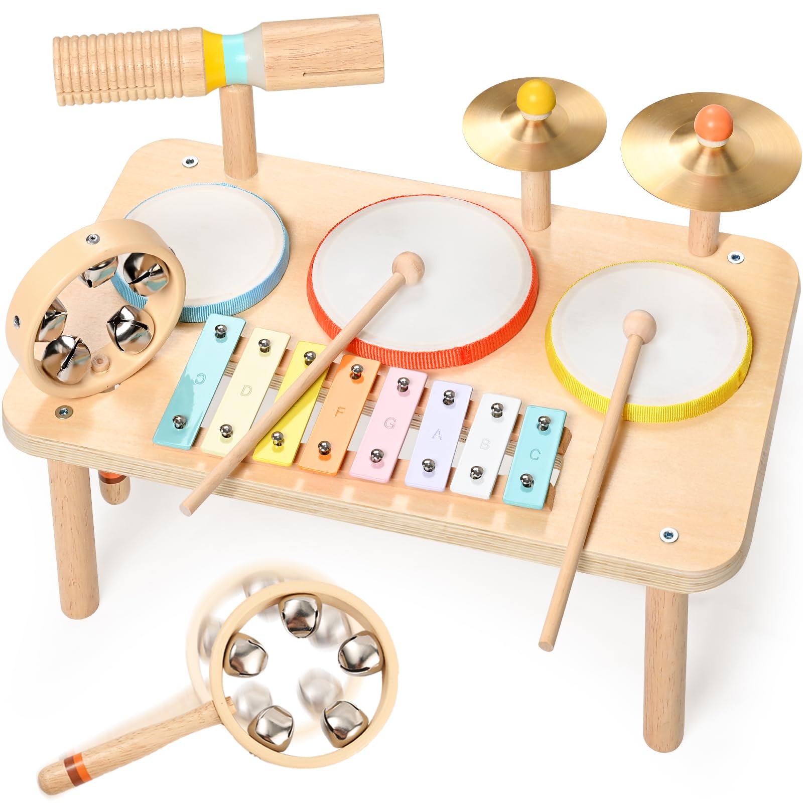 OATHX 9 in 1 Baby Drum Kit for 1+ Year Old Wooden Musical Instruments Set, Kids Drum Kit with Xylophone Handbell for Toddlers 1st Birthday Gifts for Boys Girls Music Toys