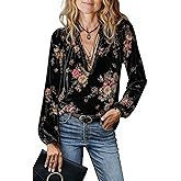 Apvirdy Velvet Tops for Women Floral Print Sexy V-Neck Shirts Long Sleeve Dressy Casual Blouse