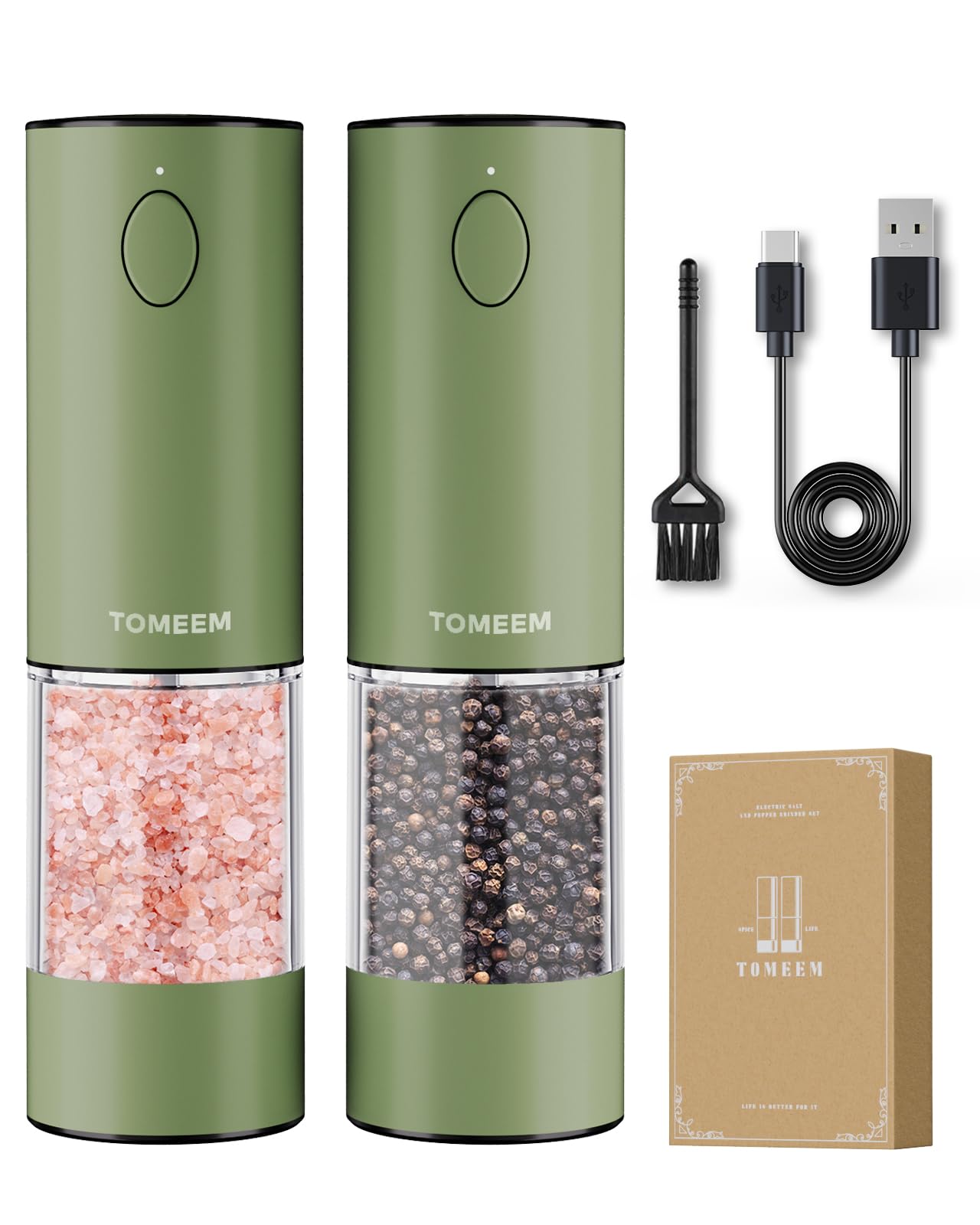 TOMEEM Upgraded Larger Capacity Electric Salt and Pepper Grinder Set Rechargeable with LED lights, Stainless Steel Automatic Pepper and Salt Grinder Refillable with 5 Adjustable Coarseness Green Image