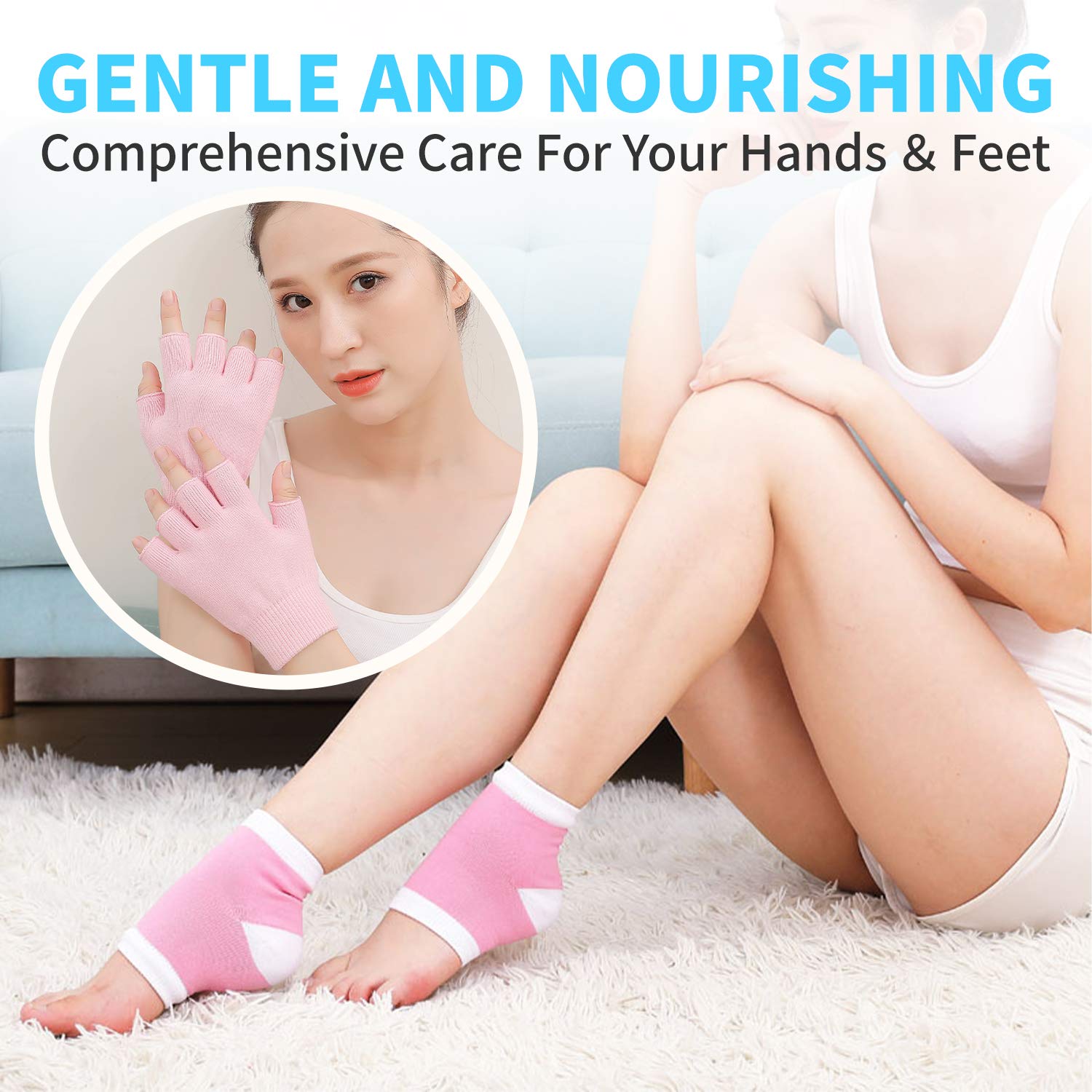 Moisturizing Fingerless Gloves and Heel Socks - Cold Therapy Gel Moisturizing Gloves and Heel Socks - Gel Spa for Moisturize Soften Repairing Dry Cracked Hands Feet Skin Care(Pink) : Beauty