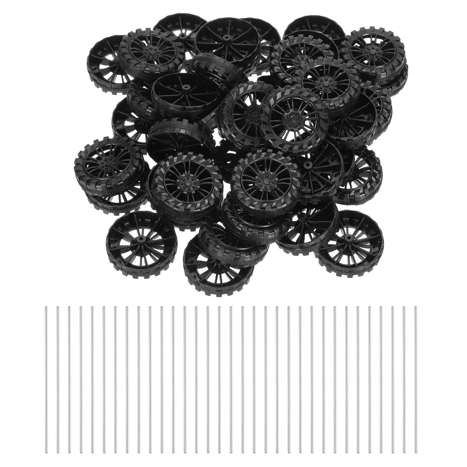 sourcing map 100pcs Toy Car Wheels, 40mmx10mm Plastic Roll and 2mmx100mm Shaft Round Rod Axles for DIY RC Car Truck Boat Helicopter Model Part, Black — image 1