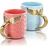 Youeon 12 Oz Ceramic Coffee Mugs with Scaled Texture Set of 2, Pink & Blue Mug Set with Metallic Tail Handle, Gift for Valentine, Anniversary, Couples, Her or Him