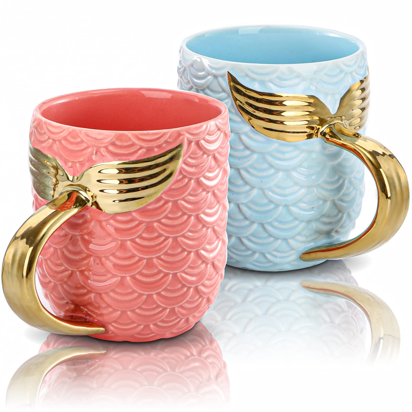 YOUEON 2 Pack Mermaid Coffee Mug with Gold Tail Handle 400ml Ceramic Coffee Mugs Set for Couple Porcelain Mug with Handle for Coffee Milk Cereal Novelty Mug as Christmas Birthday Gift Pink and Blue