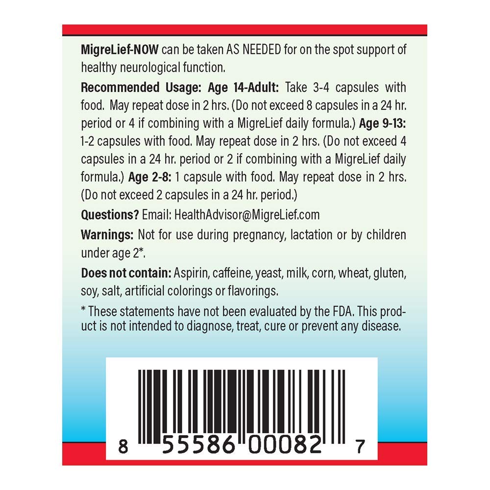 MigreLief Now Fast-Acting Formula, As-Needed Nutritional Support for Migraine and Headache Sufferers - 60 Vegetarian Capsules