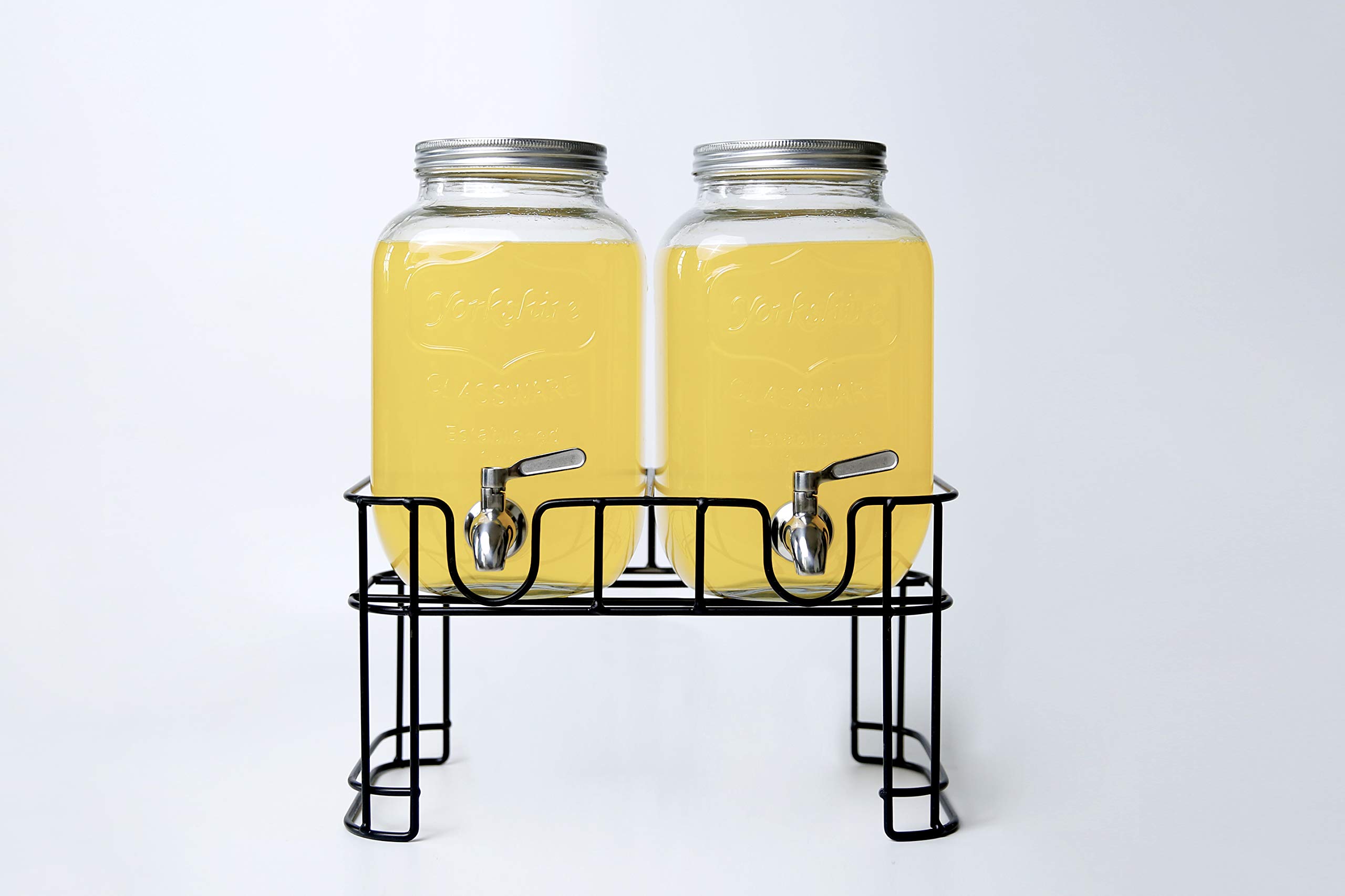 2 Pack Gallon Glass Beverage Dispenser with Metal Stand and Stainless Steel Spigot and Metal Lid - Premium Gallon Glass Yorkshire Mason Dual Drink Dispenser Display for Parties, Weddings and Holidays