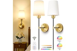 Battery Operated Wall Sconces Set of 2,Rechargeable Wall Lights with 3600mAh Dimmable Bulbs and Remote,15 Colors Wireless Wal