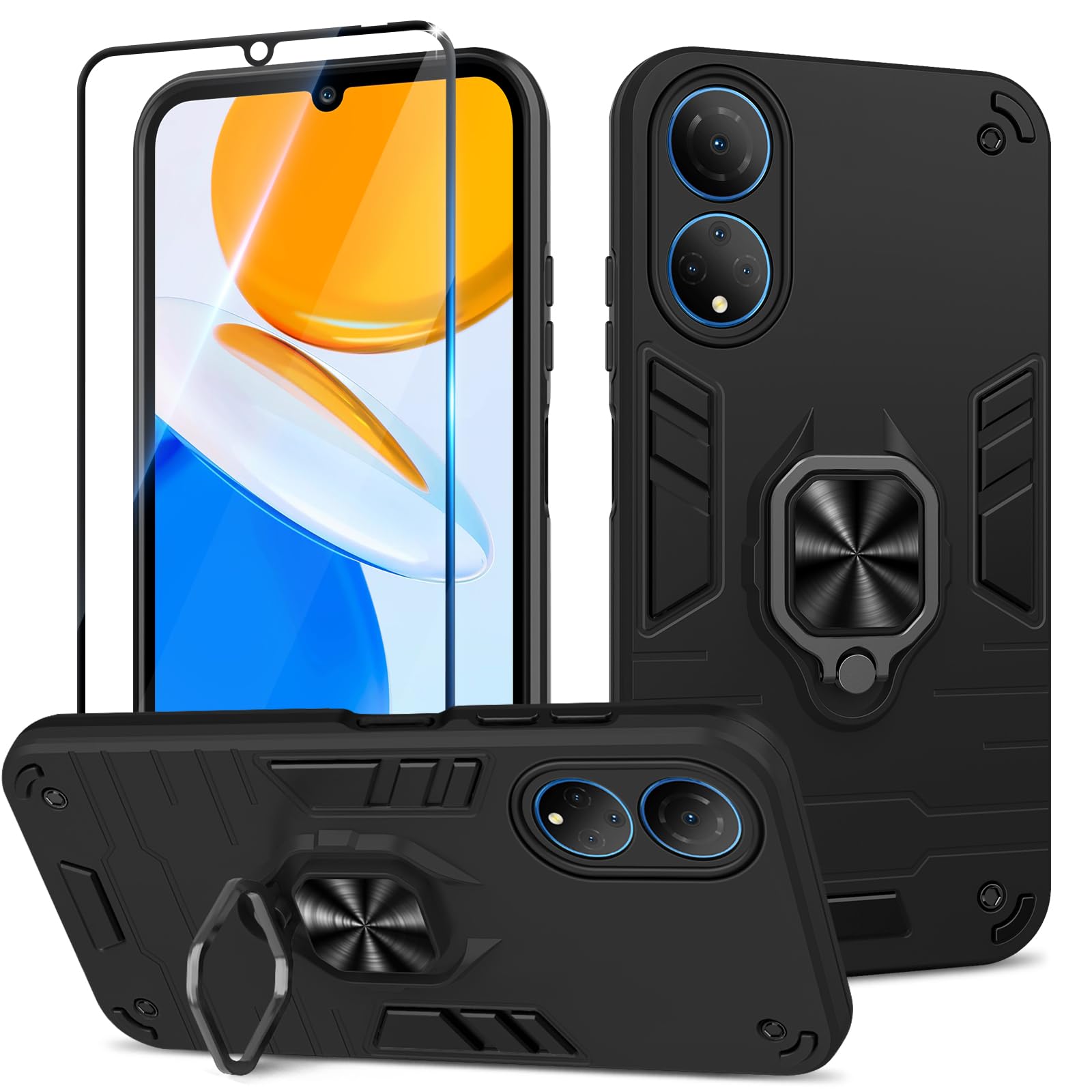 Btstring Case for Honor X7 and Screen Protector Tempered Glass, Shockproof Phone Case with Stand, Heavy Duty Personalised Case Cover Support Magnetic Car Holder, Black