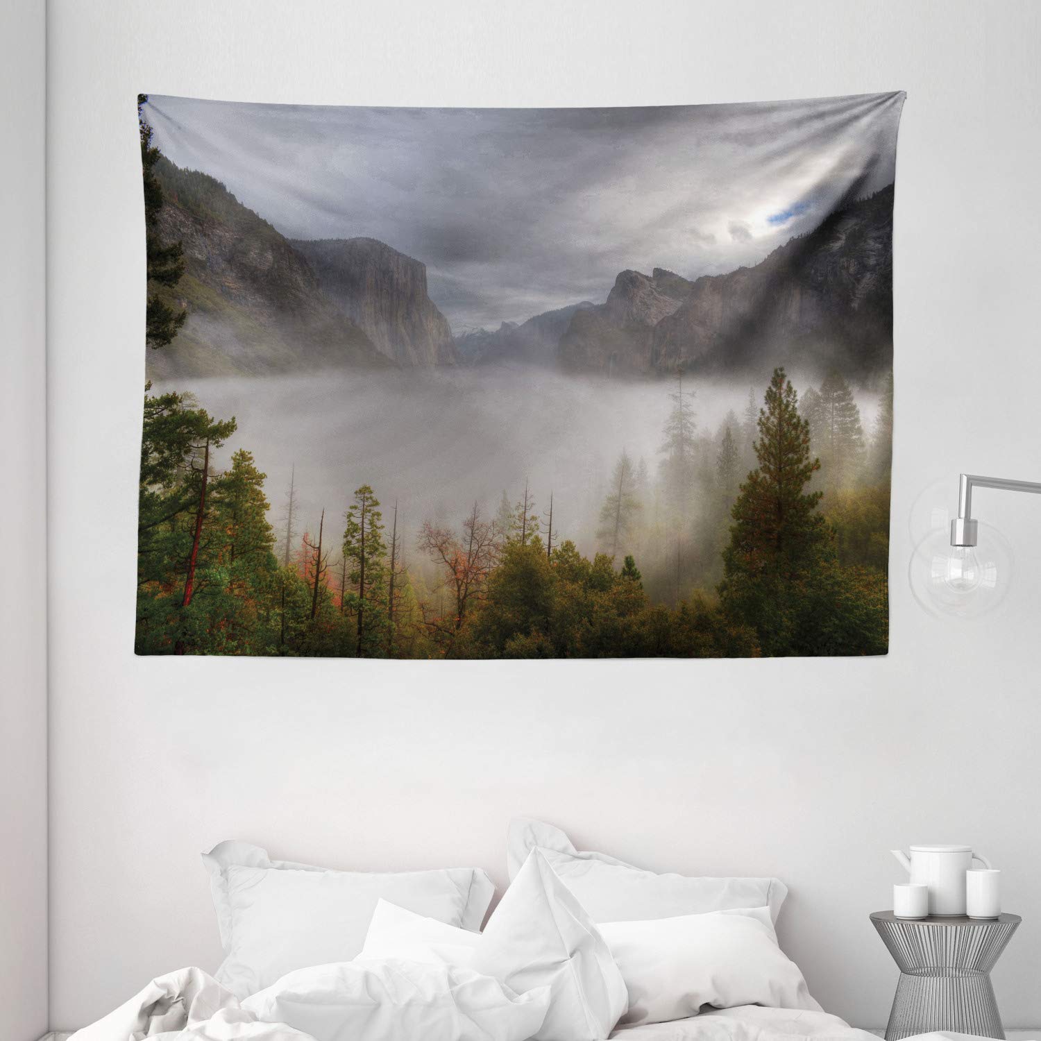 AmbesonneYosemite Tapestry, American Valley Autumn View Dark Clouds Heavy Haze Rainy Day Landscape Print, Wide Wall Hanging for Bedroom Living Room Dorm, 80" X 60", Green Grey