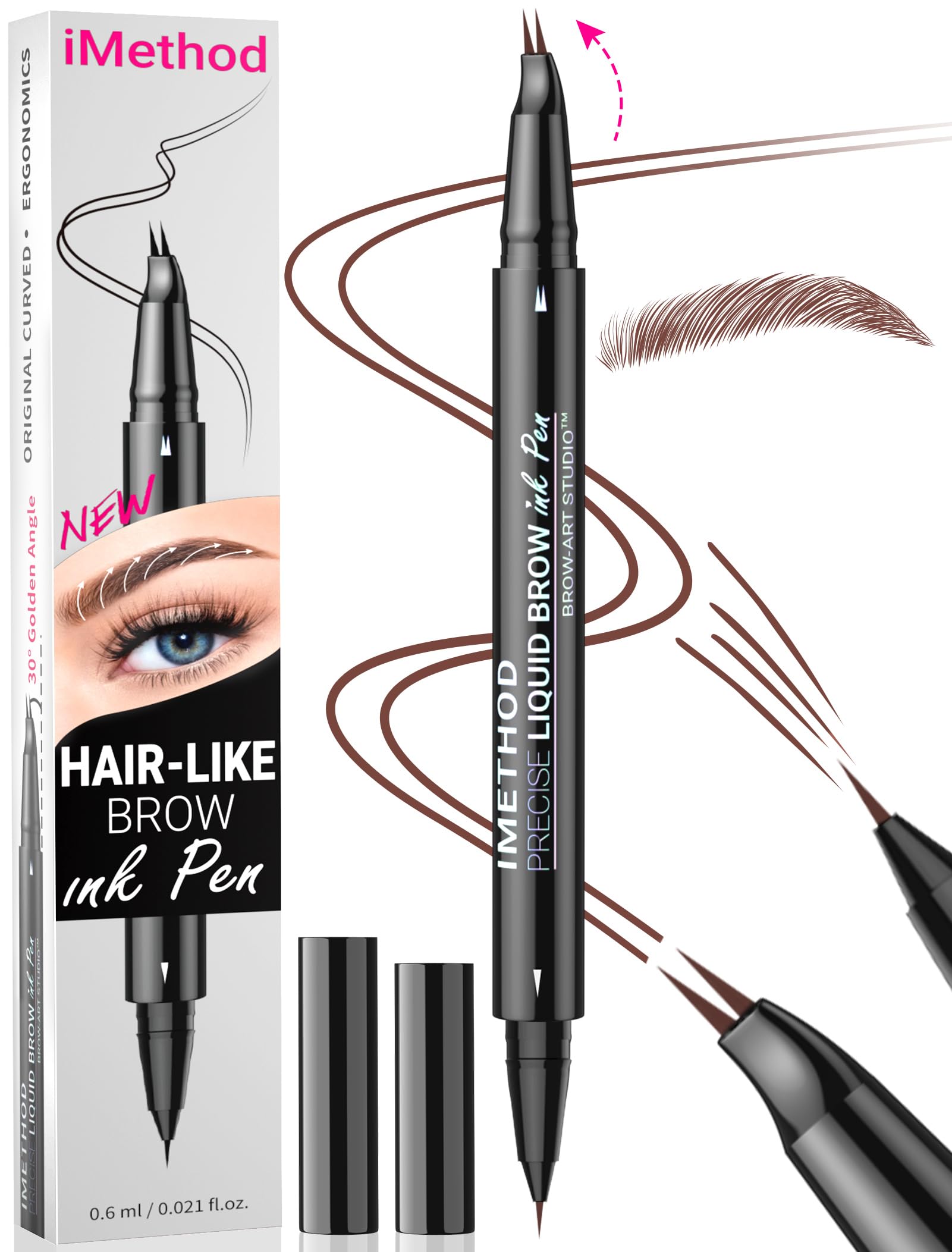 iMethod Curved Eyebrow Pen - Eyebrow Pencil, Brow Pencil 2-in-1 Dual-Ended Microblading Eyebrow Pen with Micro-Fork-Tip & Precise Brush-Tip Create Natural Hair-Like Brows, Last All-Day, Reddish Brown