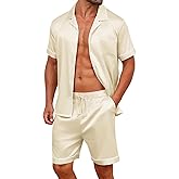 Vssjavun Mens Satin Silk Pajamas Sets Short Sleeve Button-Down Sleepwear Two Piece Loungewear with Pockets