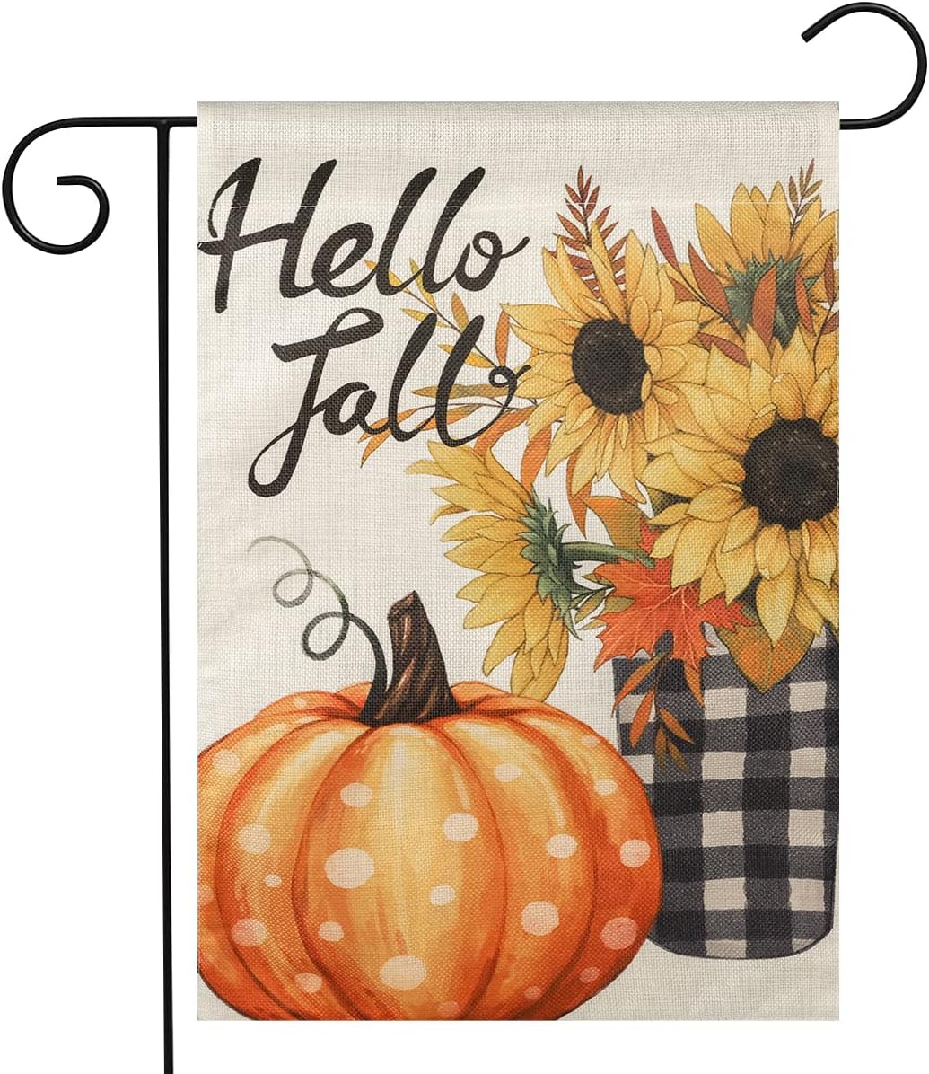 Flags - HOSCAPE Hello Fall Pumpkin Garden Flag Vertical Double Sided 12x18 Inch Small Yard Flag Thanksgiving Autumn Burlap Yard Seasonal Holiday Outdoor Decor