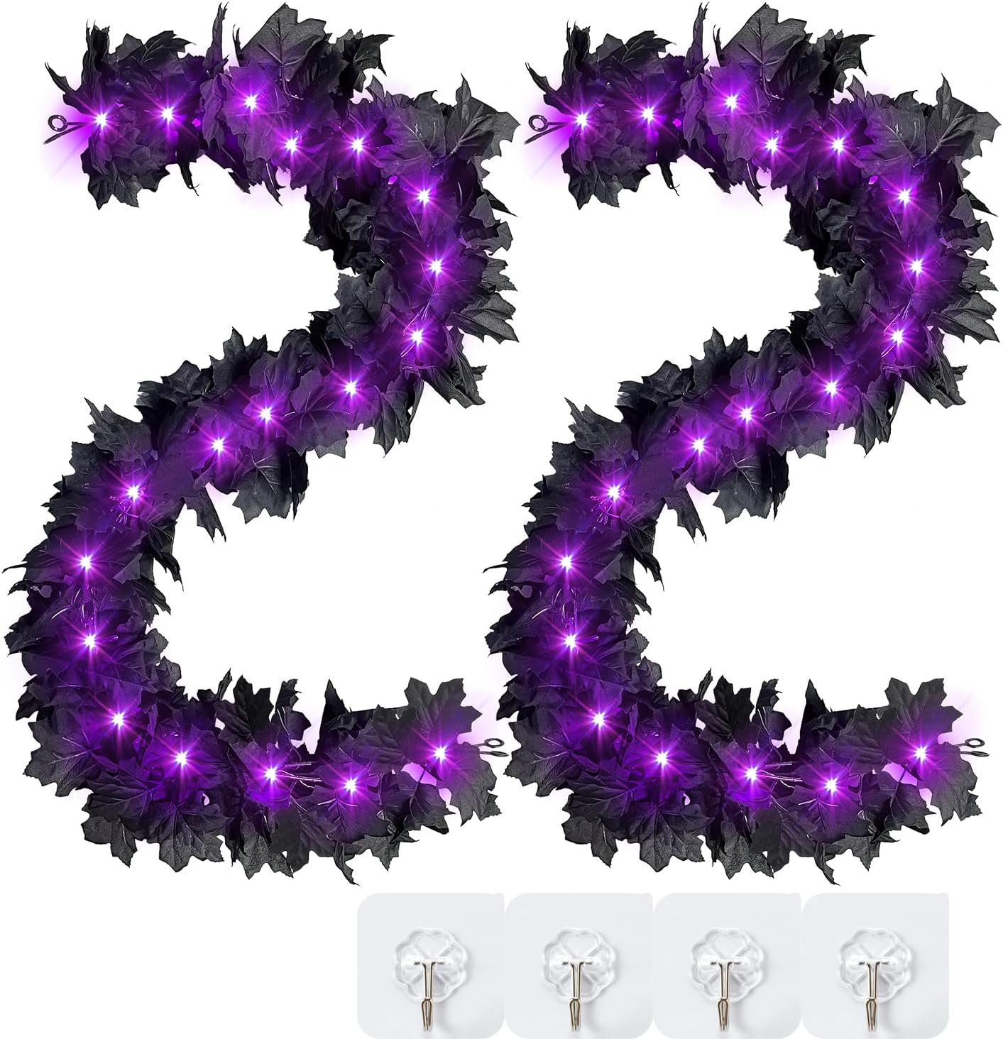 Wreaths, Garlands & Swags - 2 Pack Halloween Fall Maple Garland with Purple Lights(Built-in Battery) 5.9FT/Pcs Black Artificial Garland Preload 20 LED + 72 Maple Leaves for Halloween Autumn Decor Fireplace Door Party Backdrop
