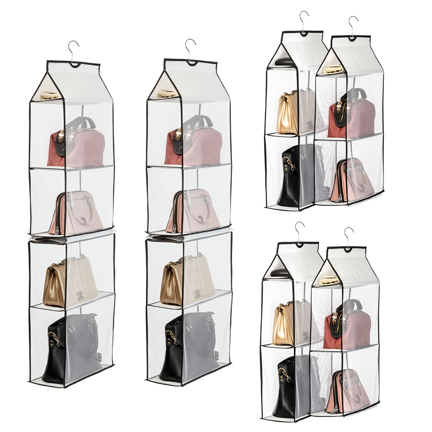 ANSTROUT Hanging Purse Organizer for Closet, 4 Mesh Shelves Handbag Storage Bag (White-2Pack)