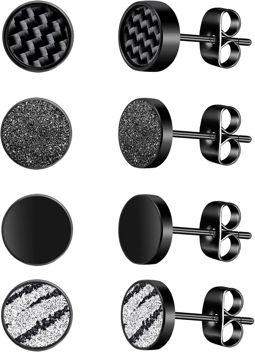 Feilok Cool 8mm Mens Stainless Steel Stud Earrings Women Piercing Ear Plug Tunnel Set of 4 works, Black, 8 mm