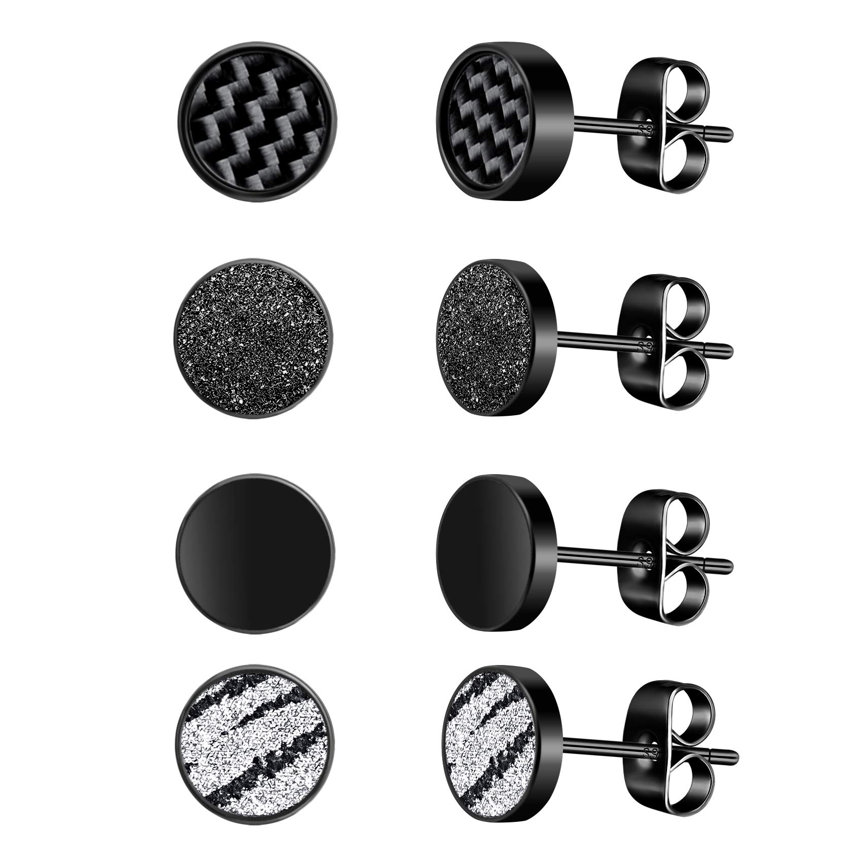 Feilok Cool 8mm Mens Stainless Steel Stud Earrings Women Piercing Ear Plug Tunnel Set of 4 Pairs