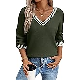 Dokotoo Womens Sweaters Casual V Neck Long Sleeve Contrast Knit Pullover Sweater Solid Fall Outfits Tops