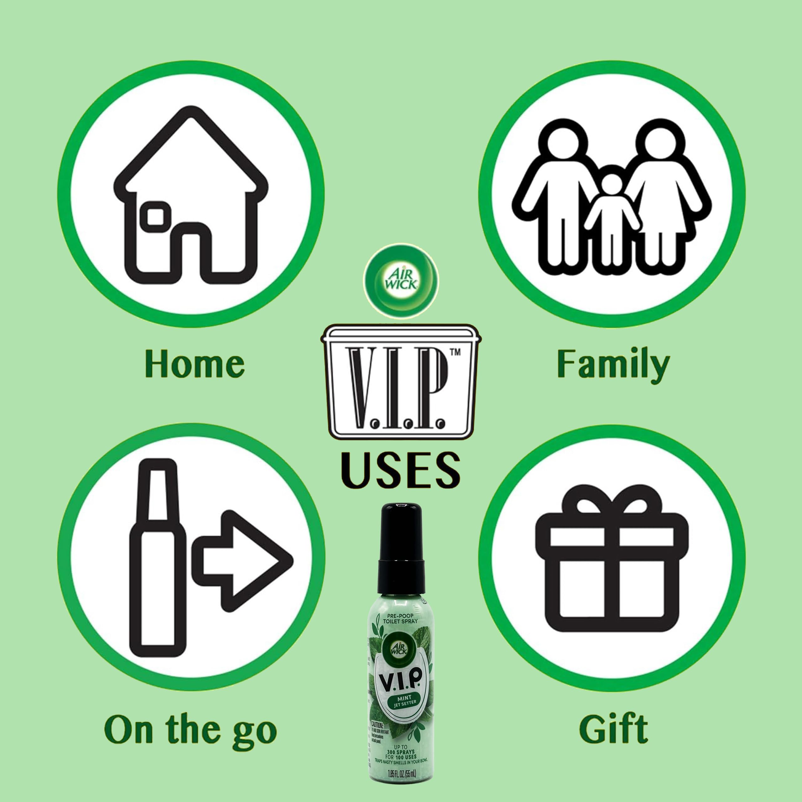 Air Wick V.I.P. Pre-Poop Toilet Spray, Mint Jet Setter, Travel Size, Neutralizes Odors, Contains Essential Oils, Fresh Mint Scent Bathroom Spray, 1.85 Oz (Pack of 4)