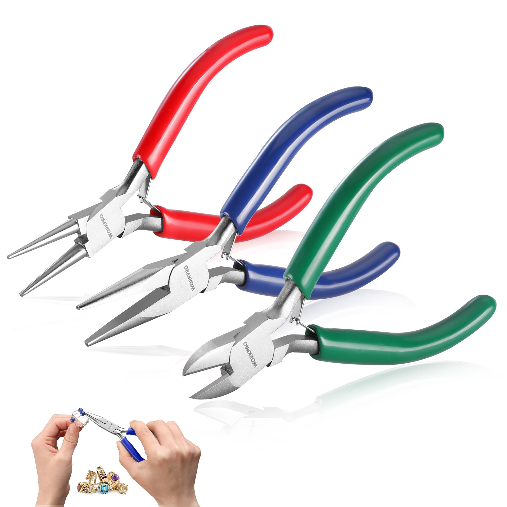Photo 1 of WORKPRO Jewelry Pliers Set, 3 Pack Jewelry Making Tool Kit- Needle Nose Plier/Chain Nose Plier, Round Nose Plier and Wire Cutter for Charm Bracelet, Jewelry Repair, DIY Crafts, Jewelry Making Supplies
