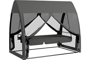 Outsunny 3-Seat Outdoor Swing Chair, Chaise Lounger Bed, Garden Hammock, Converting Flat Bed with Steel Stand, Canopy and Mes