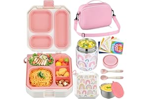 Itslife Bento Lunch Box Set for Kids with 12oz Soup Thermo&Lunch Bag, Leak-Proof Lunch Food Containers for Kids School, 5 Compartment, Sauce Cup, 10 Notes (Rainbow White)