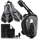 Viginsul Mask Fins Snorkeling Gear for Adults, Full Face Snorkel Mask & Adjustable Swim Fins Snorkel Set, Panoramic View Snorkel Mask Dry Top Anti-Fog Anti-Leak