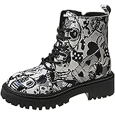 Maimeili Women's Printed Short Boots Lace-up Block Heel Combat Ankle Booties for Girls Ladies Autumn and Winter Shoes Rose Skull Butterfly FLowers Cartoon Pattern