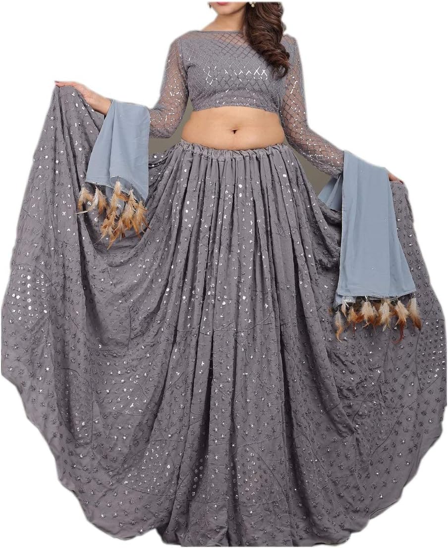 Bollywood Designer Women's Readymade Stitched Gray Georgette and Net Heavy Embroidery Lengha Choli