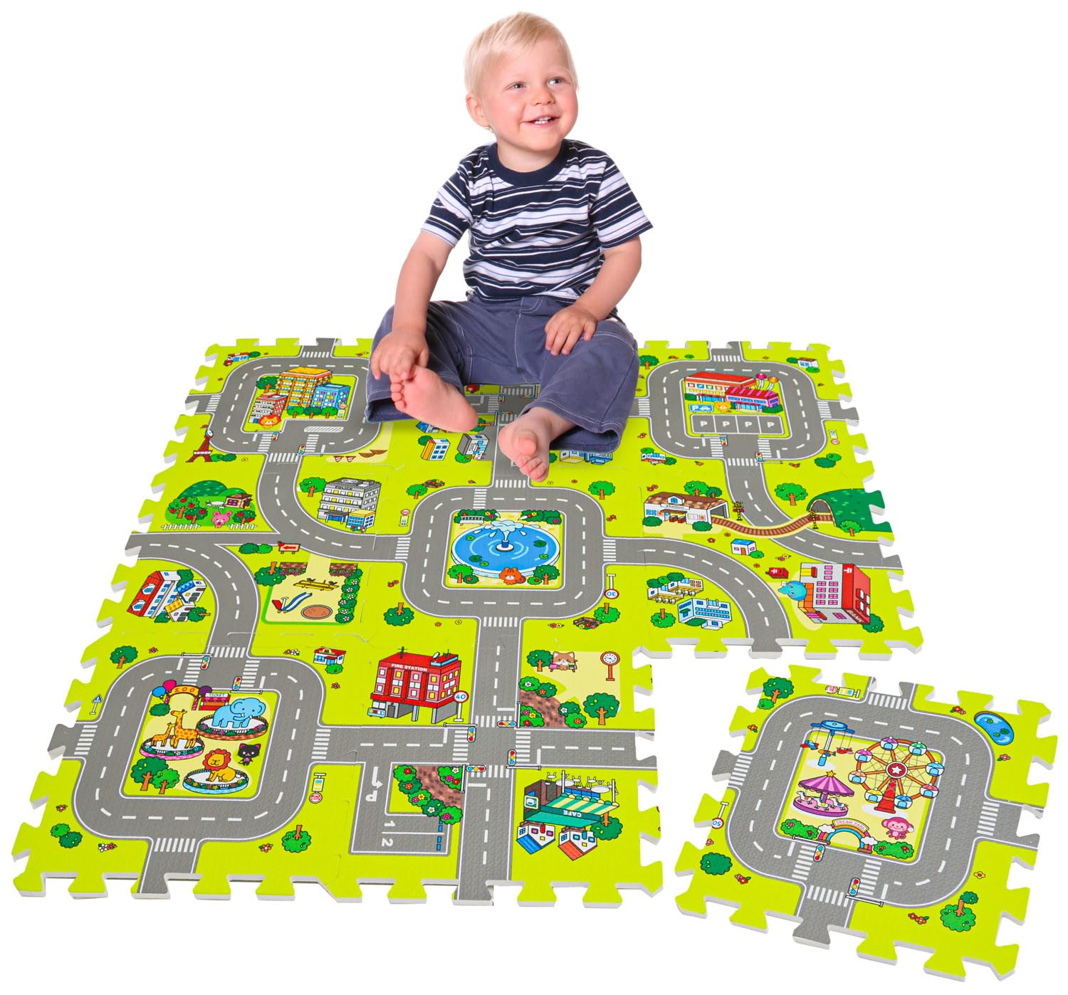 LittleTom 9-Piece Kids Car Mats - 30x30 Foldable Road Track for Toy Cars - Flexible Rubber Carpet - Outdoor Play Mat