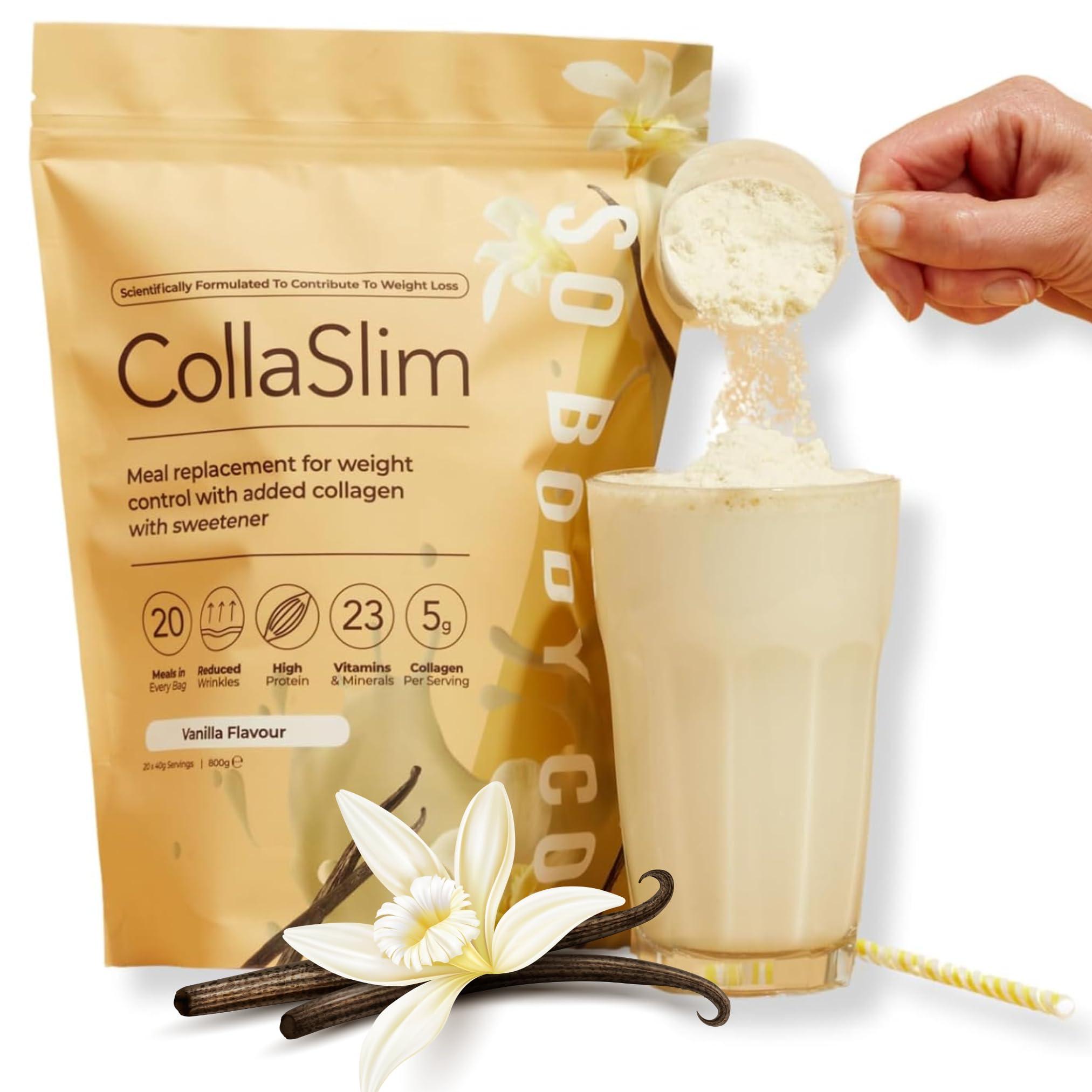 CollaSlim - Vanilla Meal Replacement Shake - 20 Servings - High Protein Diet Shake with Extra Collagen, Vitamins & Minerals - Balanced Nutrition for Weight Management