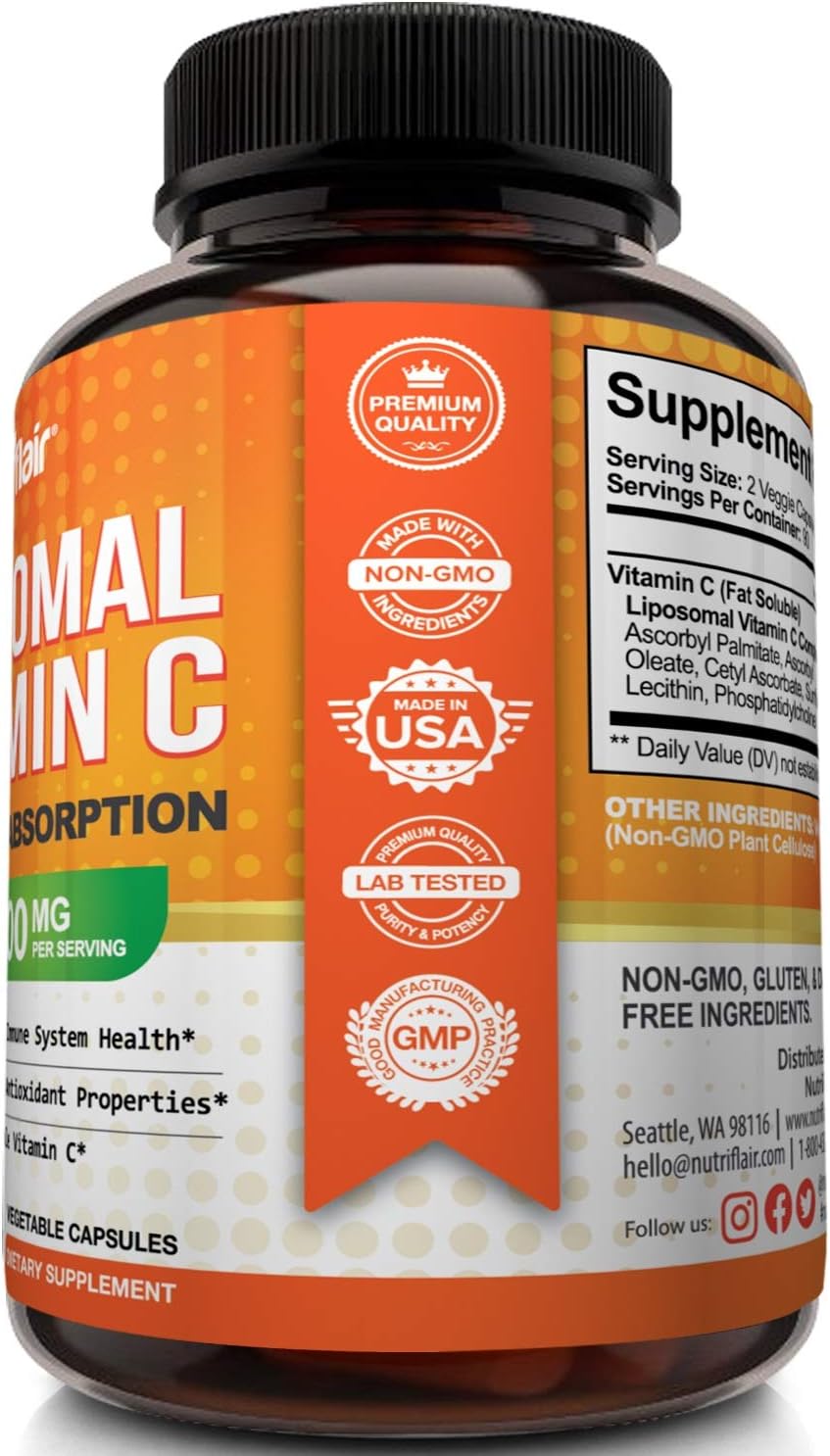 NutriFlair Liposomal Vitamin C 1600mg, 180 Capsules - High Absorption, Fat Soluble VIT C, Antioxidant Supplement, Higher Bioavailability Immune System Support & Collagen Booster, Non-GMO, Vegan Pills: Health & Personal Care