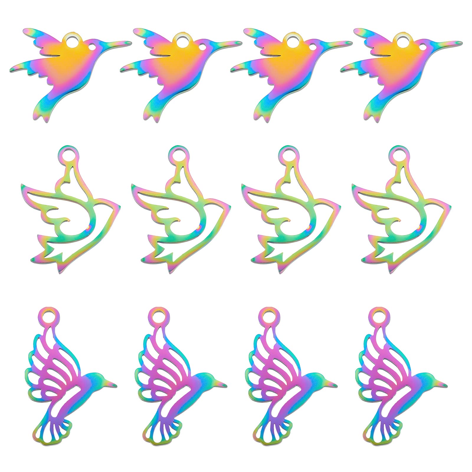 DICOSMETIC 24pcs 3 Styles Pegeon Charms Stainless Steel Multi Color Bird Charms Hummingbird Charms Animal Pendants Etched Metal Embellishments for Jewelry Making, Hole:1.5mm