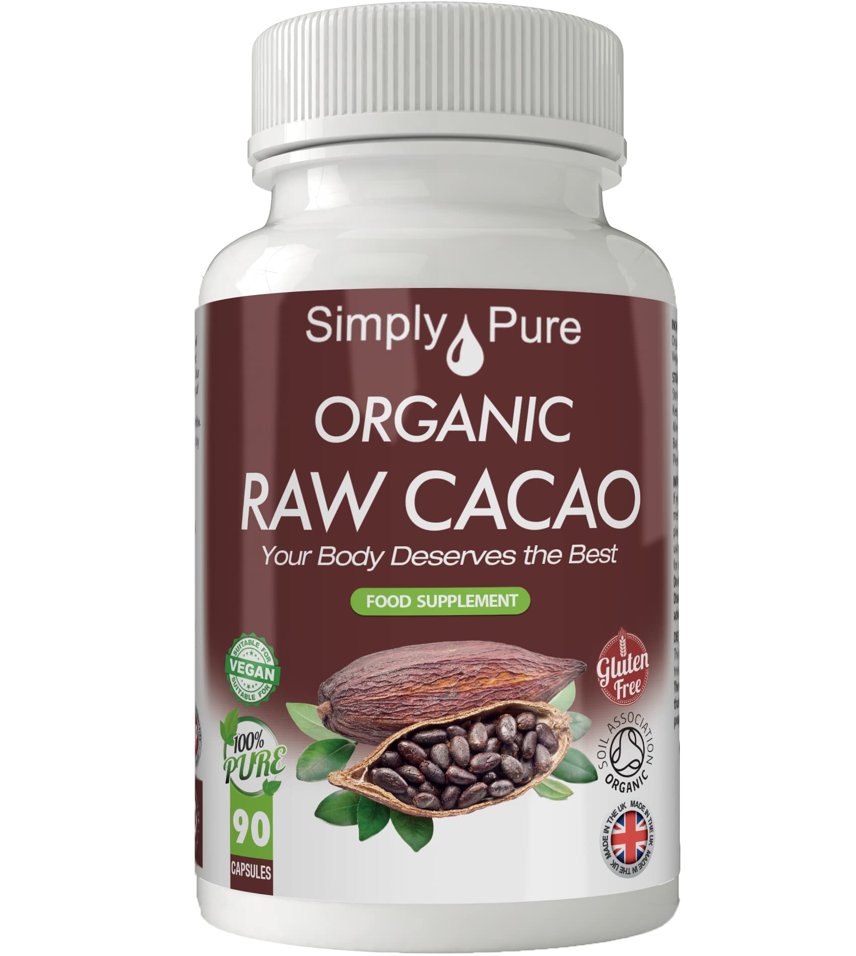 Simply Pure Organic Raw Cacao for Healthy Ageing and Cognitive Boost | 500mg Capsules x 90 | 100% Pure Soil Association Certified | Gluten Free | GM Free | Vegan