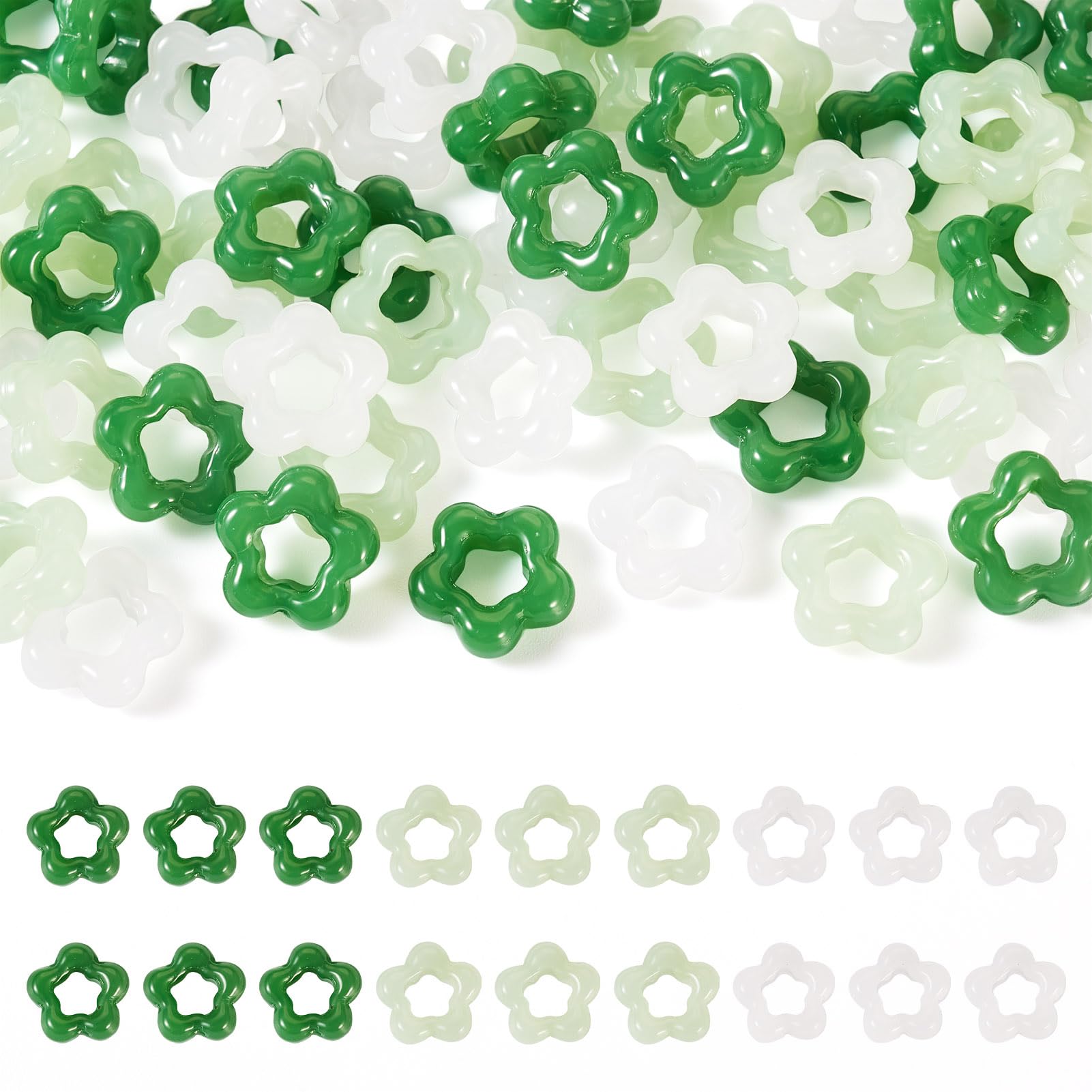Crafans 60Pcs Imitation Jade Glass Flower Beads in 3 Colors - Hollow Charms and Button for DIY Necklace Jewelry Making — image 1