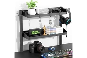 DEARPER Clamp on Desk Shelf, 2-Tier Office Desk Shelves Organizer, 17in Small Shelf for Top of Desk with Headphone Holder and Hooks, Desktop Storage Rack for Home Workspace, Study Rooms, Gaming Accessories