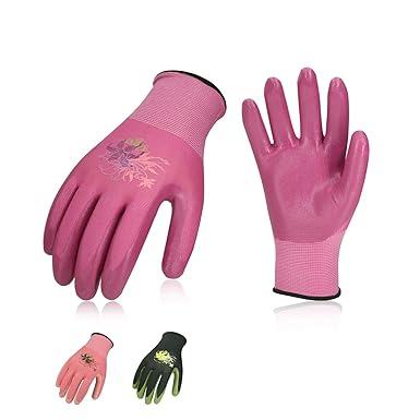 Vgo 3 Paare Nitrilbeschichtungshandschuhe, Garten- und Arbeitbeitshandschuhe, Weiblich (8/M, Violett & Hellgrün & Rosa, NT211