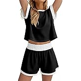 MISSACTIVER 2 Piece Lounge Set Women Stripe Knit Short Sleeve Tee Shirts Shorts Casual Summer Loungewear Shorts Sets