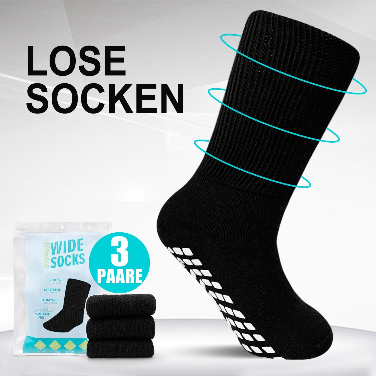 LOFIR Diabetiker Socken Herren Damen: Diabetikersocken Ohne Gummibund Baumwolle Herren ABS Socken Extra Breiter Gürtel Ohne Naht Antirutsch StopperSocken für Geschwollene Füße Schwarz 3 Paare 39-46 6