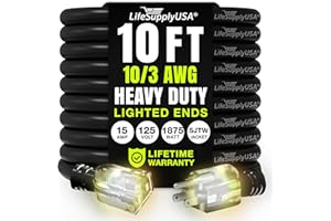 10ft Outdoor/Indoor Extension Cord 10/3 Gauge Ultra Heavy Duty 3 Prong SJTW, Waterproof, Flexible Cold-Resistant Long Power Cord,15A 125V 1875W, Black by LifeSupplyUSA