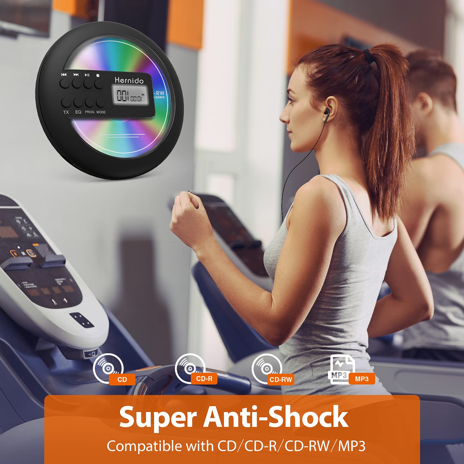 Rechargeable Portable CD Player for Car, Hernido Discman with FM Transmitter, 20 Hours Playtime Personal Compact Disc CD Player, USB MP3 Player with Headphones, Anti-Skip & Resume Playback