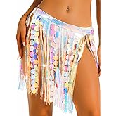 Nicute Sparkly Sequin Skirt Fringe Belly Skirt Hip Scarf Festival Dance Skirt Costume for Women