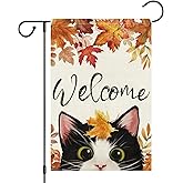 Heyfibro Welcome Fall Garden Flag 12 x 18 Inch Vertical Double Sided Burlap, Autumn Cute Cat Garden Yard Flags for Yard Thanksgiving Holiday Outside Outdoor Seasonal Decoration(ONLY FLAG)