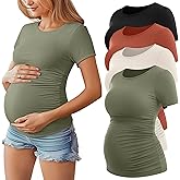 Huukeay 4 Pack Women's Maternity Shirts, Crew Neck Maternity Top Short Sleeve Casual Cotton Tee Side Ruched Pregnancy Clothes