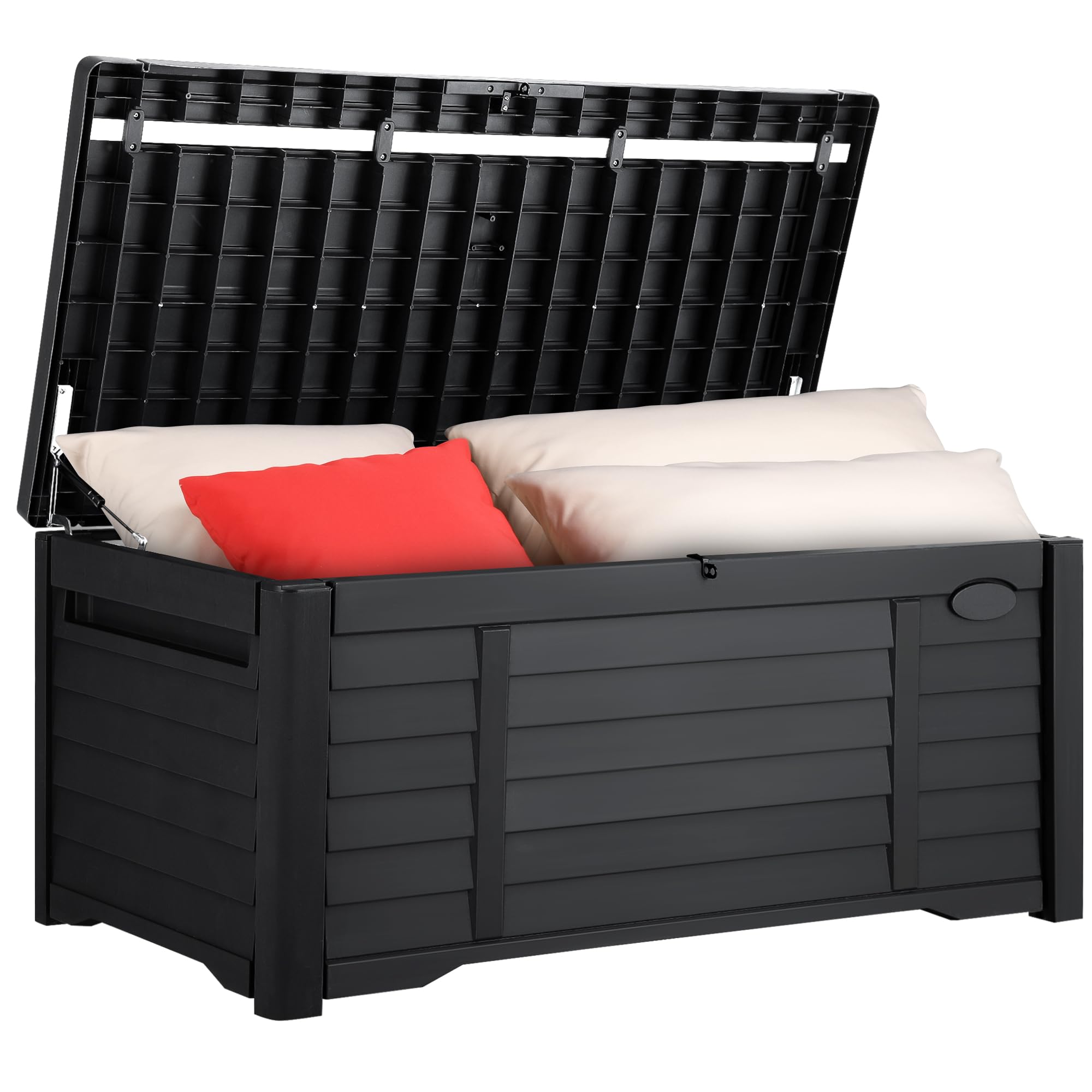 Photo 1 of YITAHOME 120 Gallon Large Outdoor Storage Deck Box, Waterproof Cushion Storage Bench with Lockable Lid for Patio, Pool Supplies, Garden Tools, Resin, Black