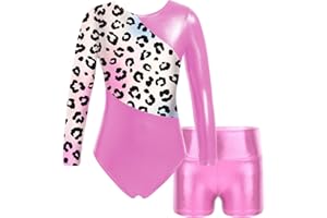 Moggemol Kids Girls Gymnastics Dance 2 Piece Outfits Long Sleeve Leotards with Shorts Sets Athletic Biketard
