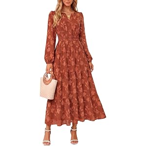 Kate Kasin Womens Long Sleeve Maxi Fall Wedding Guest Dresses with Pockets | Casual V Neck Elastic Waist Jacquard Textured Fl