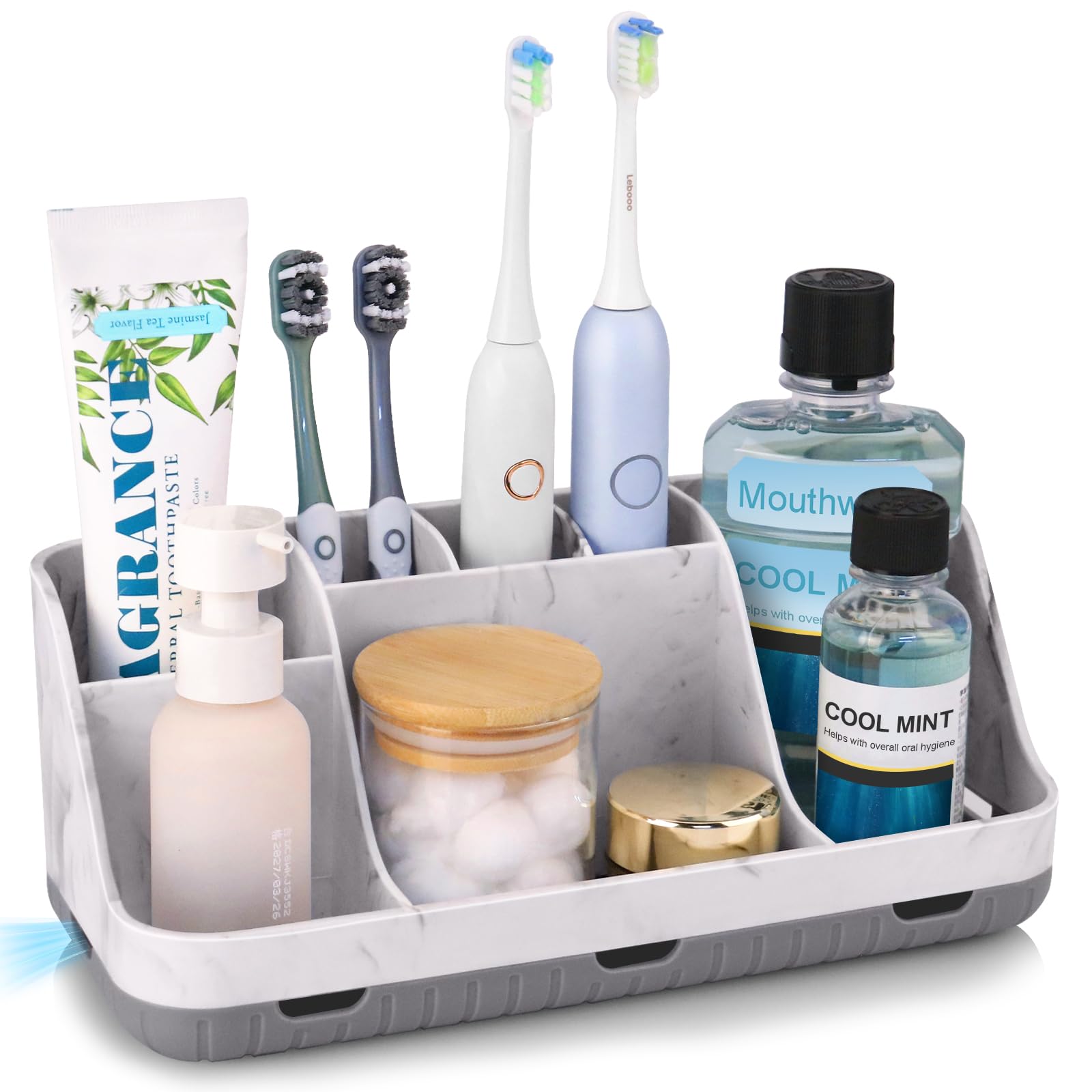 Toothbrush Holder for Bathroom Organizer Storage, Electric Toothbrush and Toothpaste Holders, 7 Slots Bathroom Organiser Countertop, Bathroom Accessories for Family, Kids (Marble Grey)