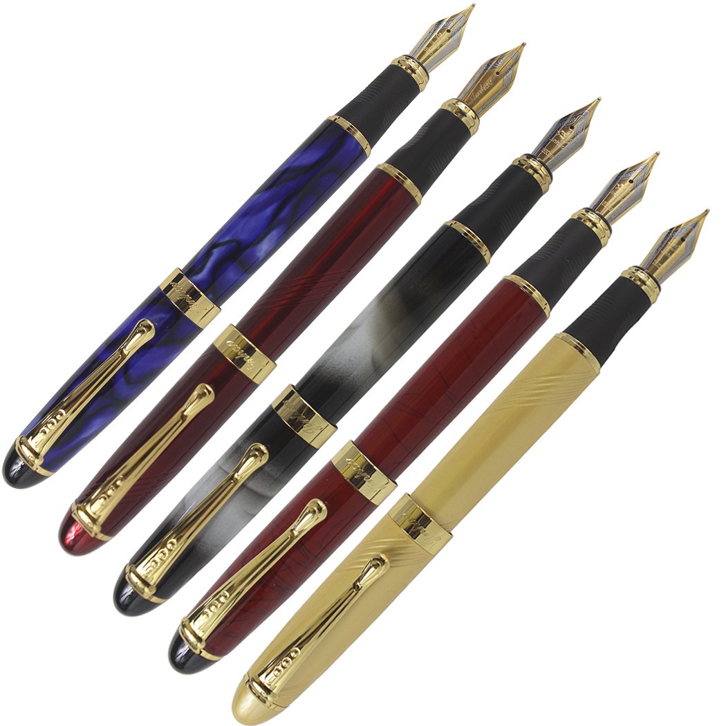 Abcsea 5PCS 450 Pens, Including 5PCS Classic Style Medium Nib Fountain Pen Golden Trim - Blue Flower, Red Wine, White Fog, Red Grass, & Gold