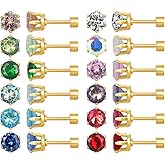 12 Pairs 18K Gold Plated Surgical Stainless Steel Stud Earrings, Flat Back Screw Back Cubic Zirconia Stud Earrings for Women, Silver CZ Brithstone Stud Earrings Set
