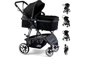 Baby Stroller, 2-in-1 Reversible Toddler Seat with Lie-Flat Mode, Foldable Infant Stroller with Canopy, One Button Brake, Adjustable Handle, Newborn Pushchair (Black B)
