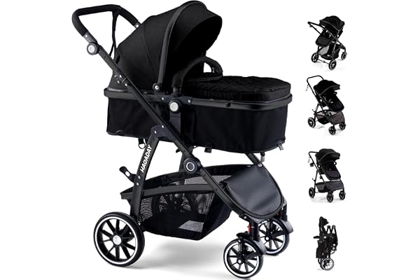 Baby Stroller, 2-in-1 Reversible Toddler Seat with Lie-Flat Mode, Foldable Infant Stroller with Canopy, One Button Brake, Adjustable Handle, Newborn Pushchair (Black B)